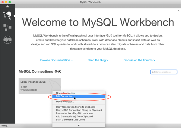 macOS MySQL Workbench Edit Connection